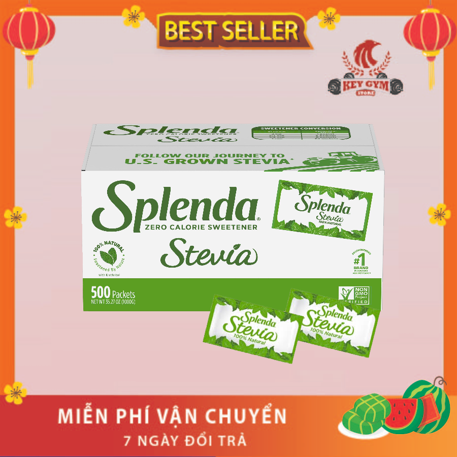 Splenda Stevia Zero Calo Chất làm ngọt, Bột hạt thay thế đường có nguồn gốc từ thực vật, Gói dùng một lần, 1 hộp 500 gói