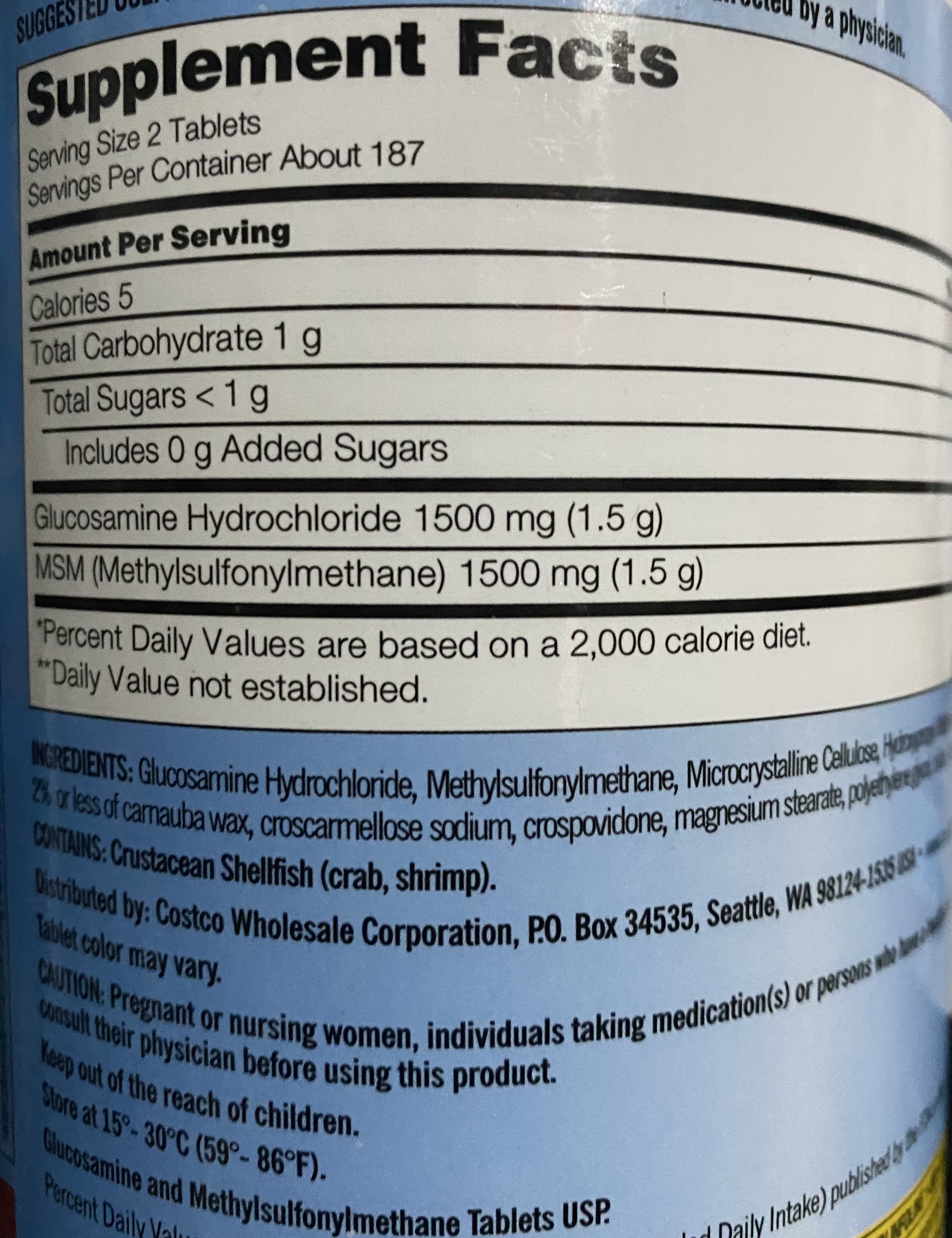 Kirkland Glucosamine Hcl 1500MG With MSM 1500MG, 375 Tablets